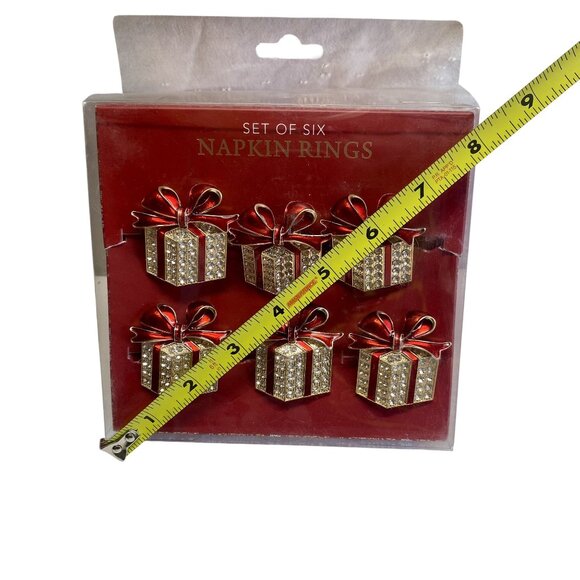 Bedazzled Gift Box Napkin Rings With Red & Gold Bow Design - Picture 3 of 3